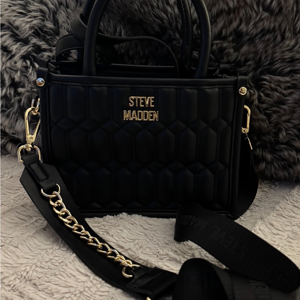 Steve Madden Black Quilted Satchel with Gold Accents